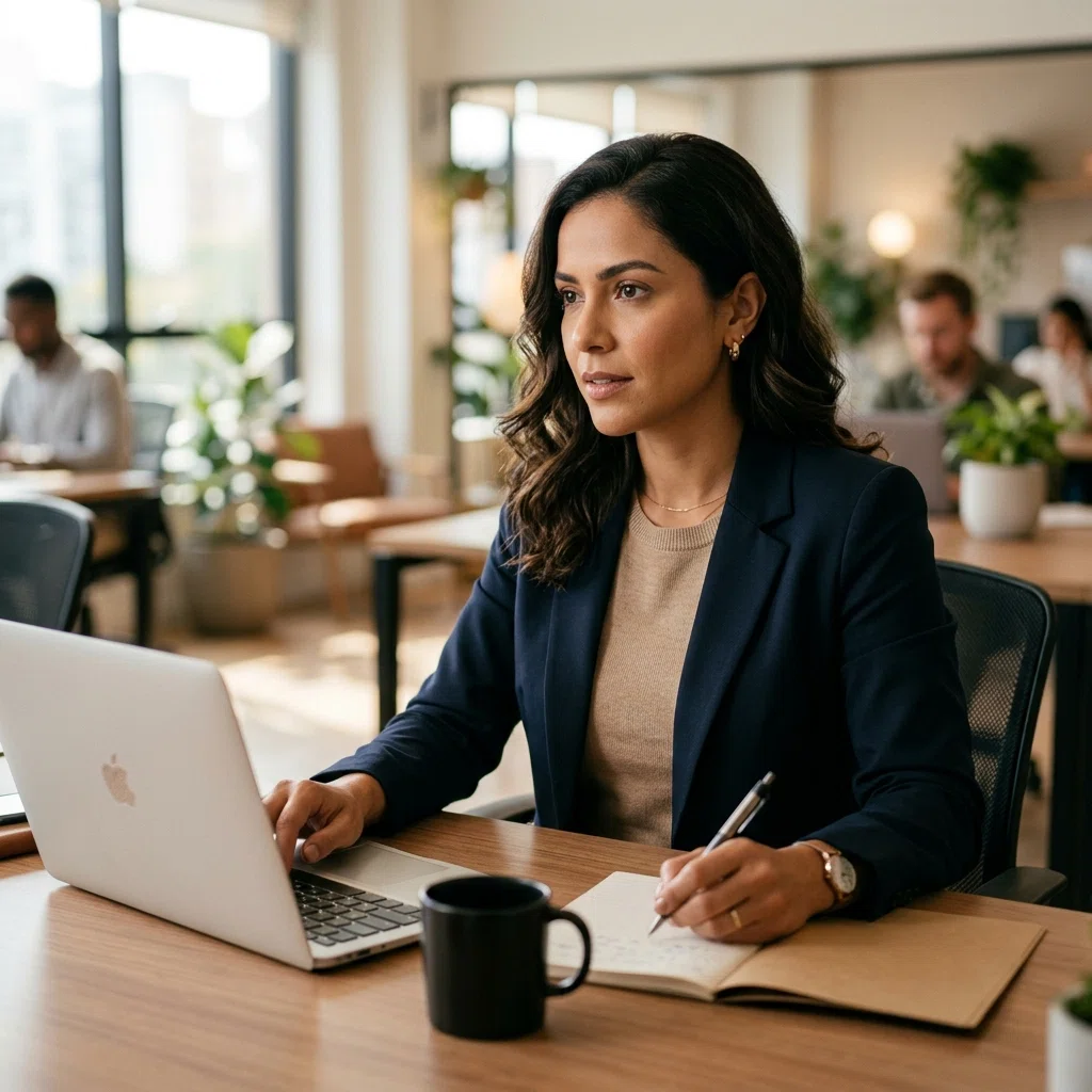 Profissional autônoma trabalhando em notebook, representando contabilidade para prestadores de serviço